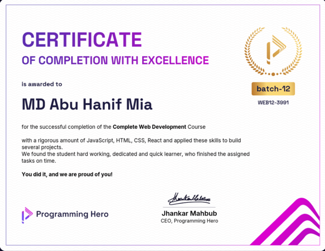 Programming Hero Certificate of Completion with Excellence